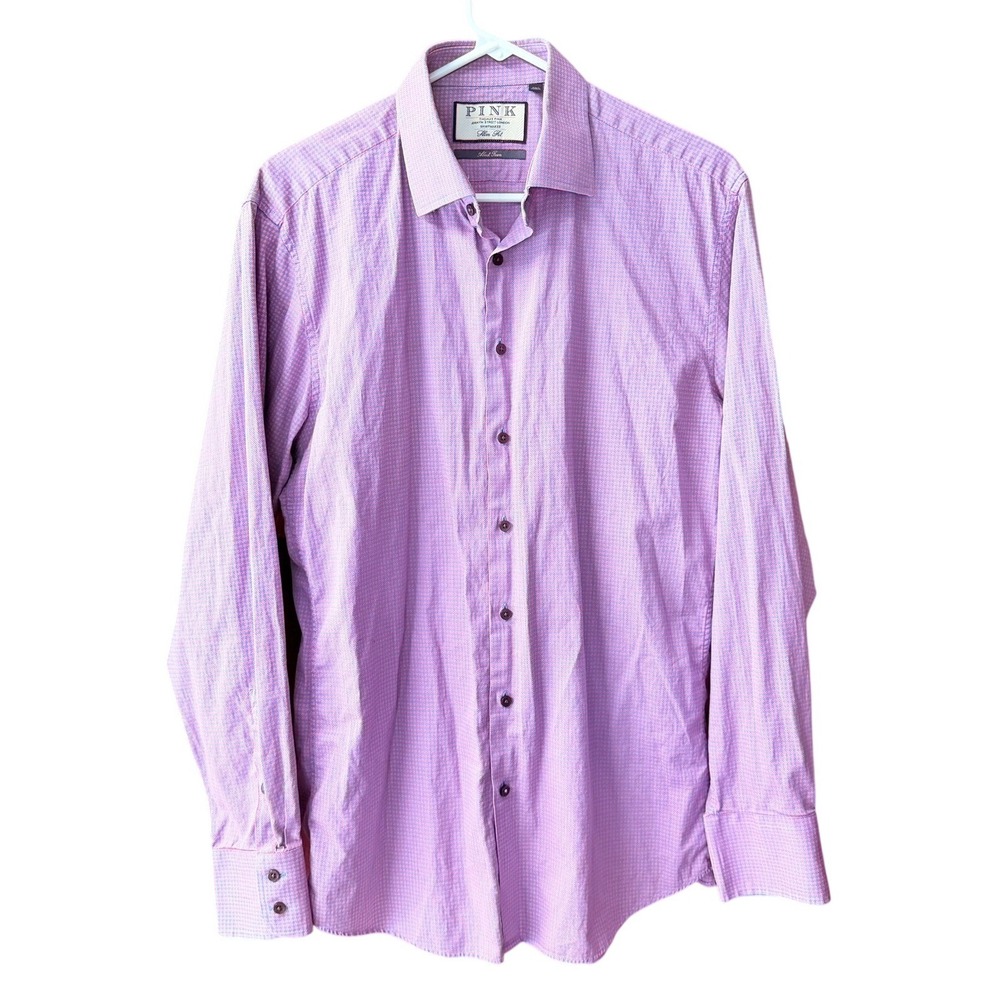Thomas Pink Slim Fit Shirt Mens 16.5 Pink Blue Houndstooth About Town Lng Sleeve